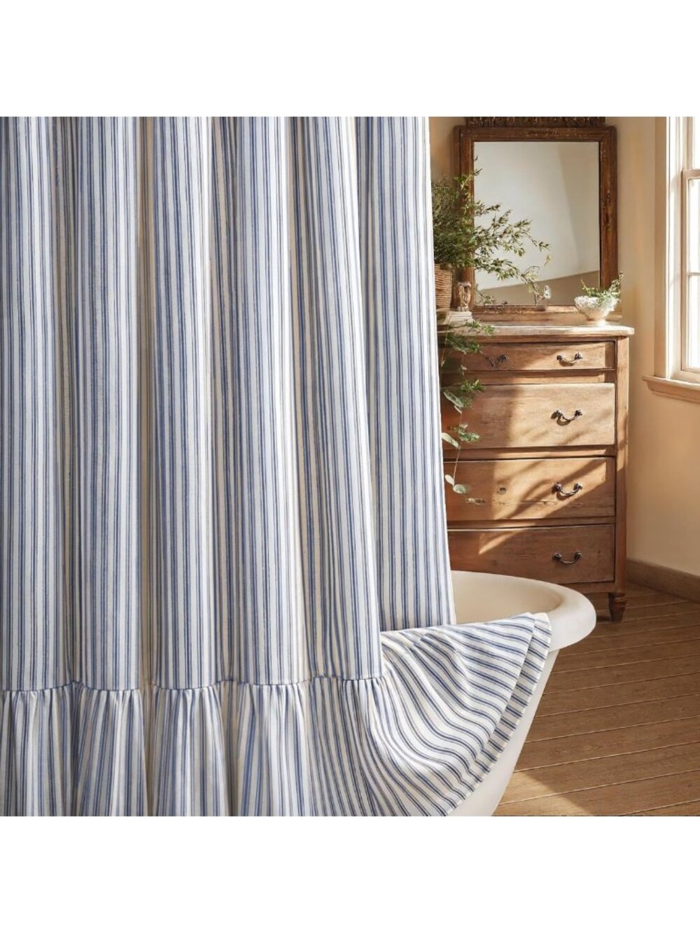 Chic Farmhouse Ruffle Shower Curtain, Cream-Blue Stripe, 72"x72", Stylish Decor